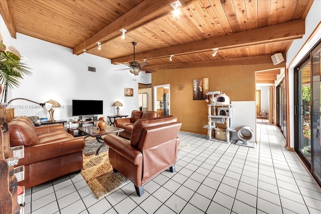 living room with track lighting, wood ceiling, ceiling fan, beam ceiling, and light tile patterned floors