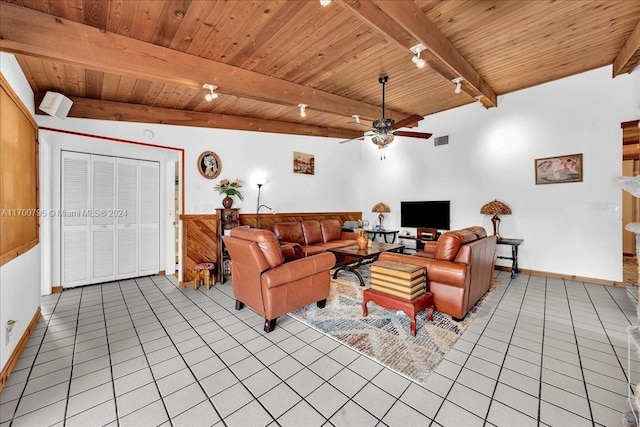 living room featuring ceiling fan, wooden ceiling, and light tile patterned floors