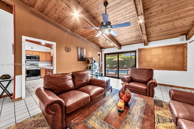 living room with high vaulted ceiling, ceiling fan, light tile patterned floors, beam ceiling, and wood ceiling