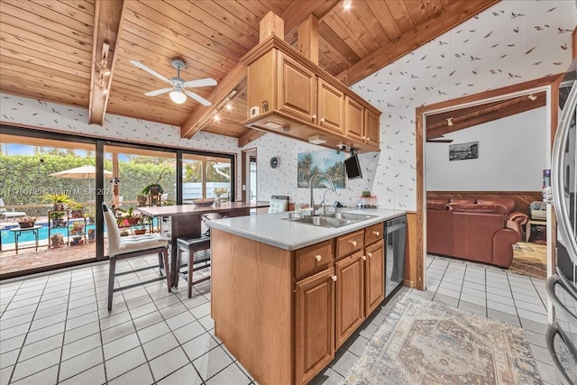 kitchen with dishwasher, ceiling fan, wooden ceiling, and sink