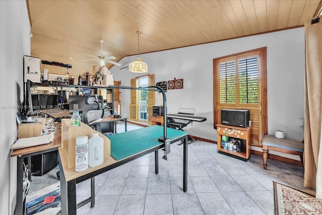 game room with ceiling fan, wood ceiling, light tile patterned floors, and vaulted ceiling