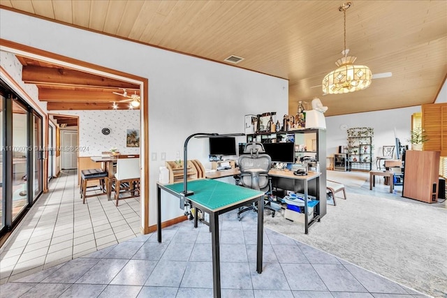 recreation room featuring light carpet, vaulted ceiling, and wooden ceiling