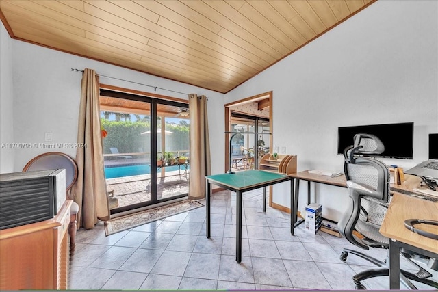 tiled office space with wooden ceiling and lofted ceiling