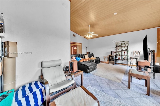 living room with high vaulted ceiling, ceiling fan, wood ceiling, and light tile patterned floors