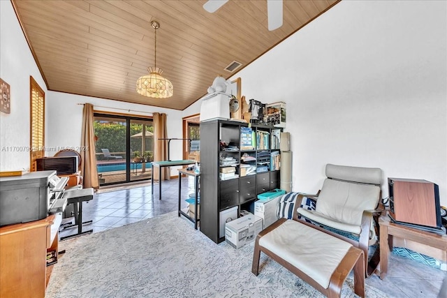 sitting room featuring high vaulted ceiling, ceiling fan with notable chandelier, wooden ceiling, and light tile patterned floors