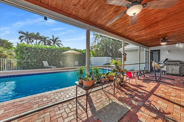 view of pool featuring ceiling fan, area for grilling, and a patio area