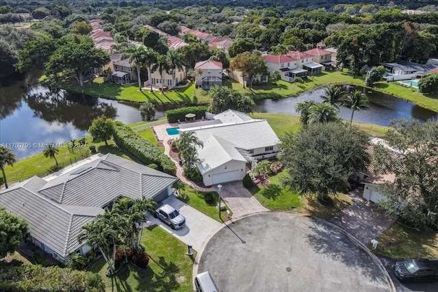 drone / aerial view featuring a water view