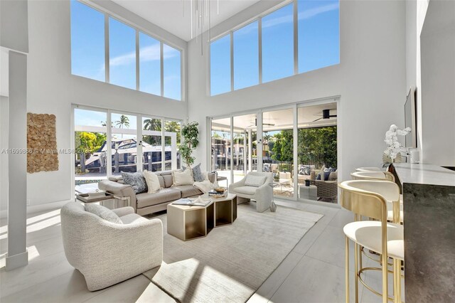 living room with a healthy amount of sunlight and a high ceiling