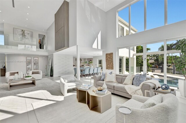 living room featuring a high ceiling