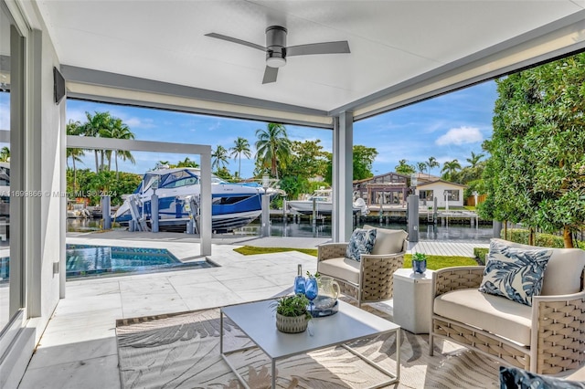 exterior space featuring an outdoor living space, a water view, a boat dock, and ceiling fan