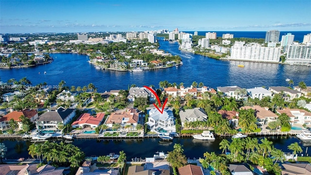 bird's eye view with a water view