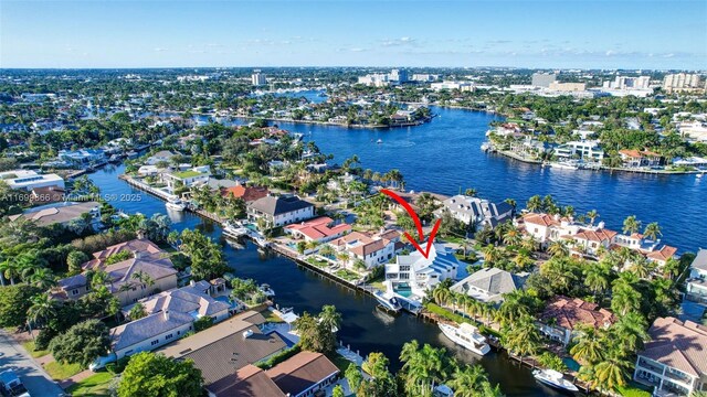 bird's eye view with a water view