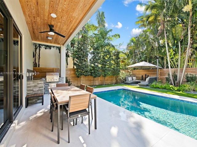 view of swimming pool featuring a ceiling fan, area for grilling, a fenced backyard, a patio area, and outdoor dining space