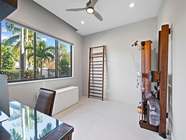 office with marble finish floor, ceiling fan, baseboards, and recessed lighting