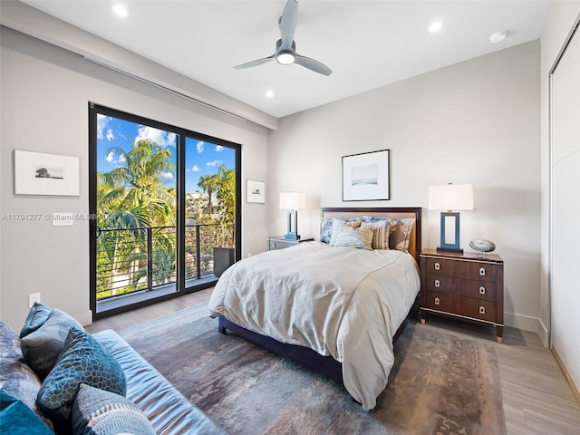 bedroom featuring ceiling fan, recessed lighting, wood finished floors, baseboards, and access to exterior