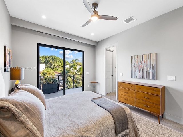 bedroom with light wood finished floors, visible vents, baseboards, a ceiling fan, and access to outside