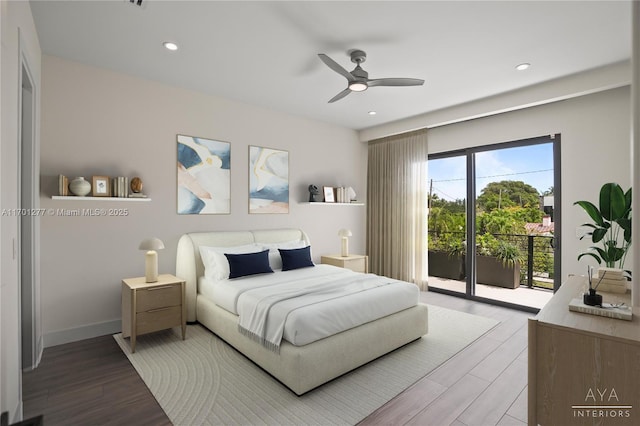 bedroom with recessed lighting, access to exterior, ceiling fan, and wood finished floors