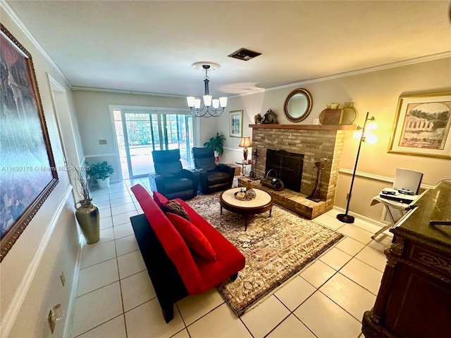 living room featuring a chandelier, a brick fireplace, ornamental molding, and light tile patterned flooring