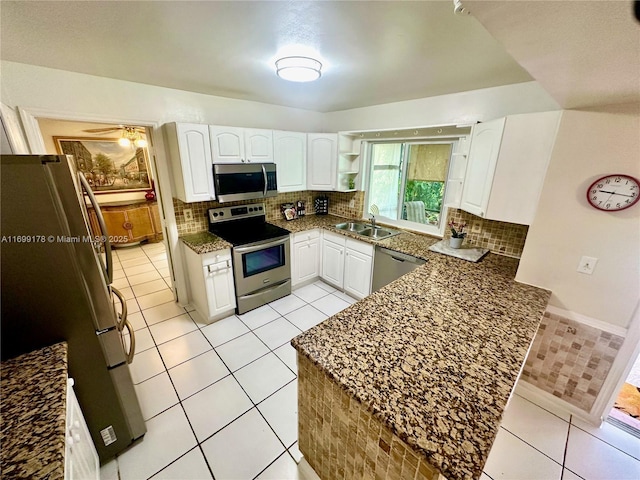 kitchen featuring white cabinetry, sink, stainless steel appliances, tasteful backsplash, and kitchen peninsula