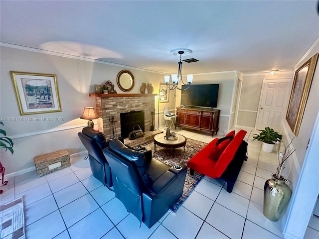 living room with crown molding, a fireplace, and light tile patterned flooring