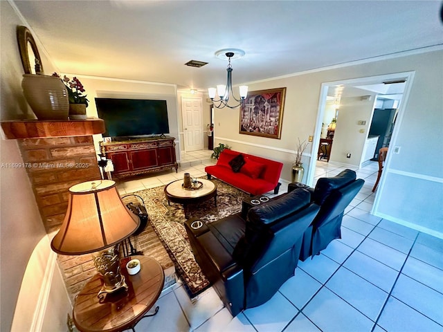 living room featuring light tile patterned floors, crown molding, and a chandelier