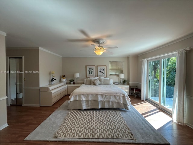 bedroom with access to outside, ceiling fan, dark hardwood / wood-style floors, and ornamental molding