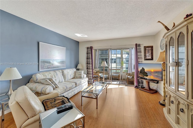 living room featuring a textured ceiling and light hardwood / wood-style flooring