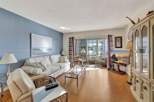 living room with light hardwood / wood-style floors and a textured ceiling