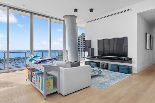 living room featuring light hardwood / wood-style floors, a wall of windows, and a healthy amount of sunlight