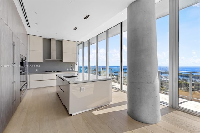 kitchen featuring a water view, plenty of natural light, and a kitchen island with sink