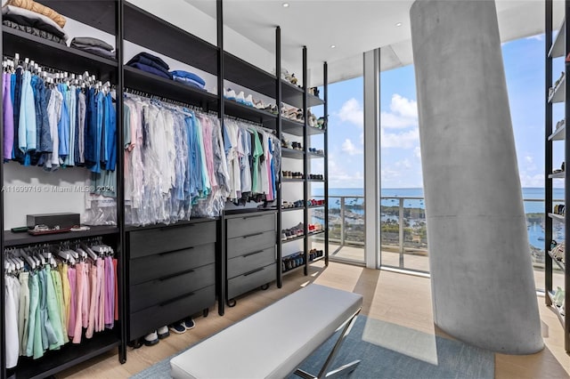 spacious closet with light hardwood / wood-style flooring