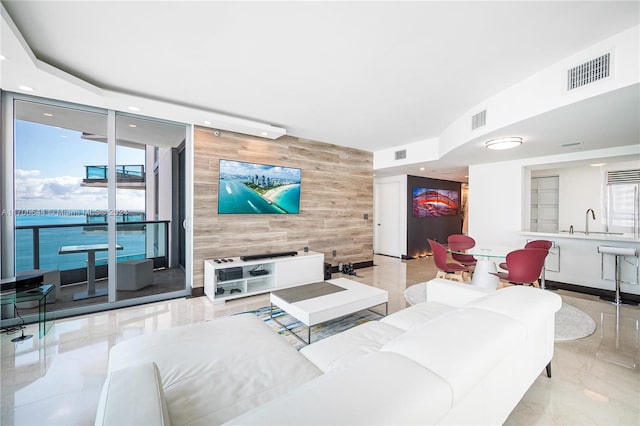 living room with wood walls and sink