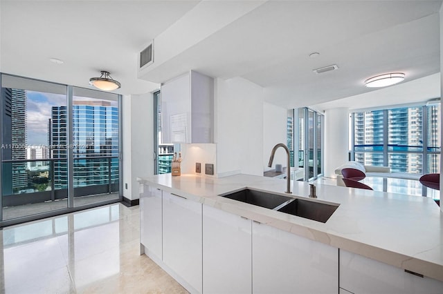 kitchen featuring white cabinets, a wall of windows, light stone countertops, and sink