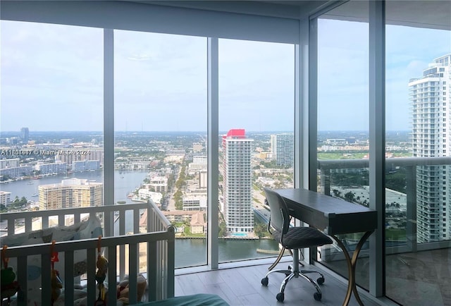 interior space with a water view