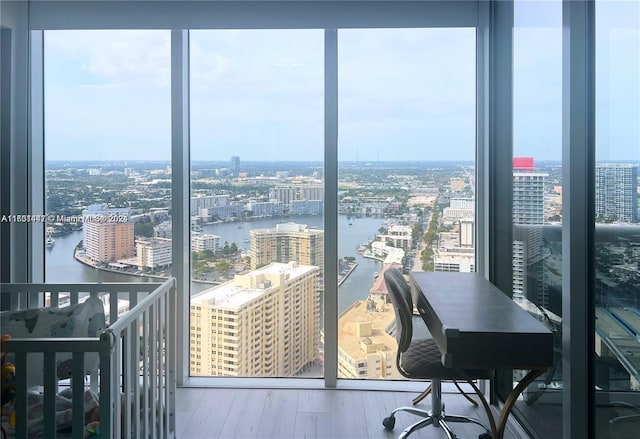 interior space with a water view