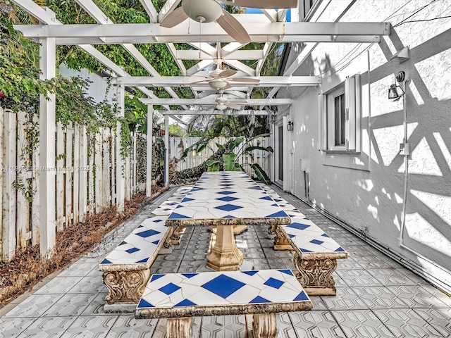 250 NE 212th St, Miami, FL 33179 - fenced backyard featuring a pergola, ceiling fan, and a patio area