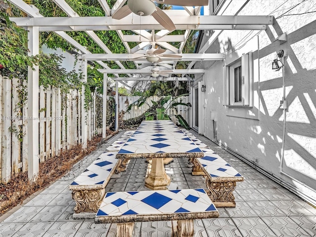 view of patio featuring ceiling fan, a fenced backyard, and a pergola