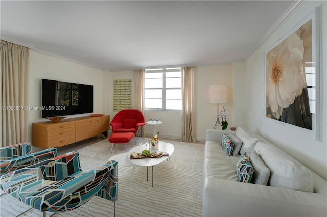 carpeted living room with crown molding