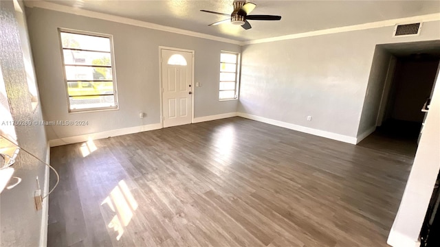 foyer entrance with a wealth of natural light, ceiling fan, and dark hardwood / wood-style floors