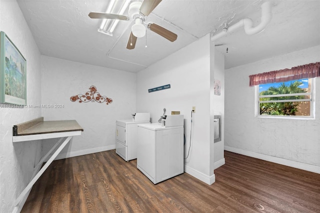 washroom with dark hardwood / wood-style floors, ceiling fan, and independent washer and dryer