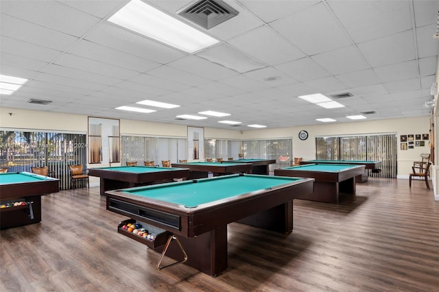 playroom featuring a paneled ceiling, dark hardwood / wood-style floors, and billiards