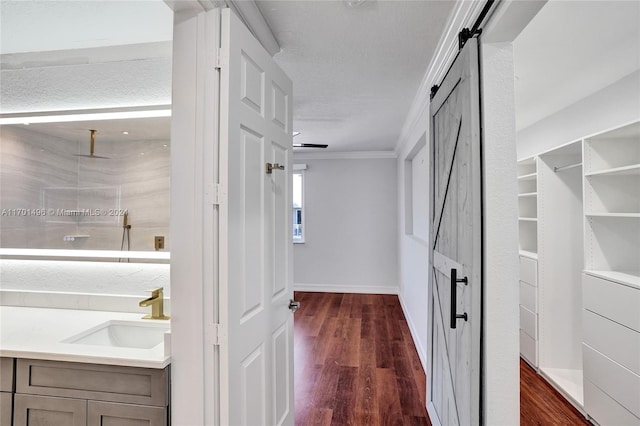 interior space with sink, a barn door, dark hardwood / wood-style flooring, a textured ceiling, and ornamental molding