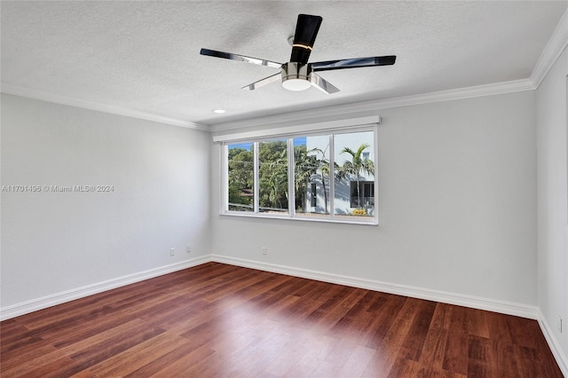 unfurnished room with dark hardwood / wood-style floors, ceiling fan, crown molding, and a textured ceiling