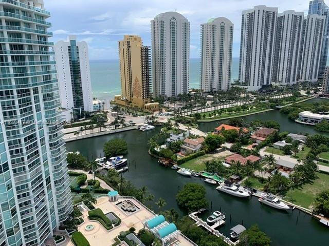 drone / aerial view with a water view