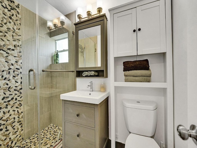 bathroom featuring vanity, toilet, and a shower with door