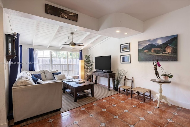 tiled living room featuring lofted ceiling with beams, ceiling fan, and wooden ceiling