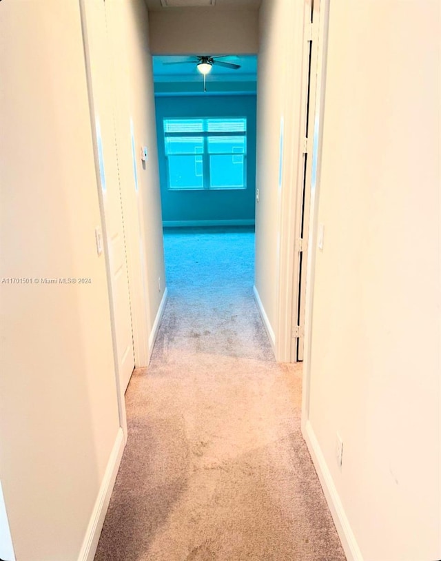 hallway with light colored carpet