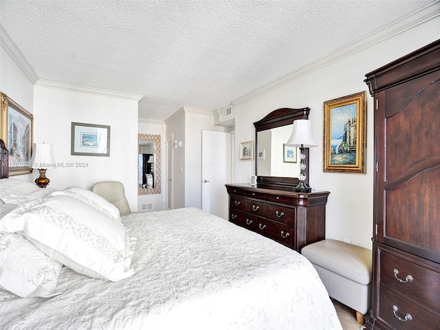 bedroom featuring a textured ceiling and crown molding