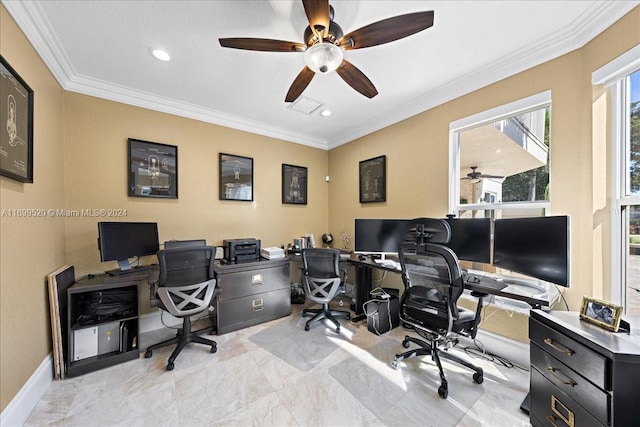 office area with ceiling fan and crown molding