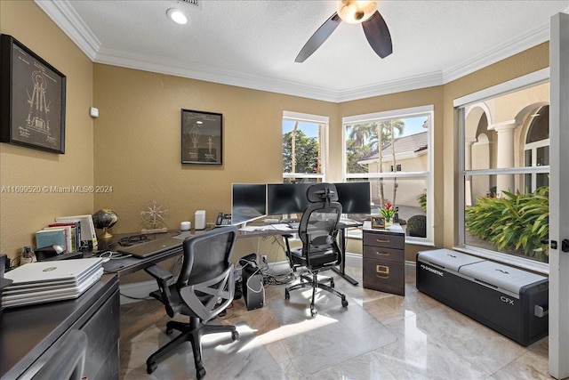 home office with a textured ceiling, ceiling fan, and crown molding